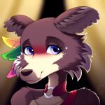  2022 anthro beastars blue_eyes blush brown_body brown_fur canid canine canis cheek_tuft clothed clothing facial_tuft female fur jewelry juno_(beastars) looking_at_viewer makeup mammal necklace scarlet-spectrum signature smile solo tuft wolf 
