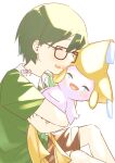  1boy :d affectionate bangs blush brown_shorts closed_eyes commentary_request dated glasses green_hair green_shirt happy highres holding holding_pokemon hug jirachi male_focus max_(pokemon) open_mouth pokemon pokemon:_jirachi:_wish_maker pokemon_(anime) pokemon_(creature) pokemon_rse_(anime) shirt short_hair short_sleeves shorts signature smile takenaka0229 teeth 