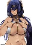  1girl absurdres arabian_clothes bangs blue_eyes blue_hair blush breasts cleavage closed_mouth collarbone commentary forehead_jewel genshin_impact heterochromia highres kurenaiz1 large_breasts looking_at_viewer navel short_hair simple_background solo steaming_body stomach symbol-only_commentary white_background yellow_eyes 