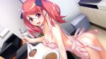  1girl apron ass breasts cleavage dutch_angle game_(=eroge)_mitai_na_suteki_na_koi_ga_shitai! game_cg highres holding holding_ladle indoors ino_(magloid) ladle large_breasts long_hair naked_apron official_art open_mouth otokaze_marine photoshop_(medium) pink_apron pink_eyes red_hair solo twintails 