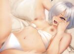  1girl arm_up bangs bare_arms bare_shoulders bikini bikini_aside bikini_pull blush breasts clenched_hand clothes_pull clothing_aside commentary_request female_pubic_hair grey_eyes grey_hair highres implied_sex infinote large_breasts lying navel nipples on_back one_eye_closed open_mouth original pillow pubic_hair pussy sashou_mihiro short_hair swimsuit white_bikini 