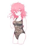  1girl blush braid breasts camouflage camouflage_swimsuit cleavage danganronpa_(series) danganronpa_2:_goodbye_despair finger_to_face genderswap genderswap_(mtf) looking_to_the_side medium_breasts one-piece_swimsuit pink_hair simple_background solo souda_kazuichi swimsuit uzicha white_background 