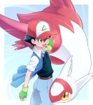  1boy ;d ash_ketchum bangs belt black_hair black_shirt brown_belt brown_eyes commentary fingerless_gloves gloves green_gloves hair_between_eyes hat highres jacket latias male_focus ok_(asuta00912) one_eye_closed open_clothes open_jacket open_mouth pants pokemon pokemon_(anime) pokemon_(classic_anime) pokemon_(creature) pokemon_heroes:_latios_&amp;_latias red_headwear shirt short_hair short_sleeves smile tongue 