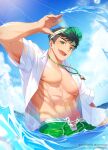  1boy abs absurdres bara bare_pectorals black_hair cloud day green_eyes green_male_swimwear highres large_pectorals male_focus male_swimwear muscular muscular_male navel nipples open_clothes open_mouth open_shirt original outdoors partially_submerged pectorals shirt short_hair sky smile solo splashing twitter_username visor_cap water whistle whistle_around_neck white_shirt zetto531 