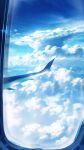  above_clouds absurdres airplane_interior airplane_wing blue_sky cloud cloudy_sky commentary day highres no_humans original scenery signature sky skyrick9413 window 