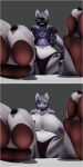 3d_(artwork) absurd_res anthro armor belly big_breasts blep breasts claws clothed clothing comic digital_media_(artwork) female first_person_view gentle_giant grey_background handpaw hi_res looking_at_viewer macro mamagen navel neck_tuft panties panties_only pawpads paws perspective simple_background smile solo syko_(mamagen) teasing the_tao_swordsman tongue tongue_out topless tuft underwear underwear_only visor visor_helmet white_floor 