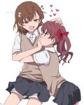  2girls absurdres anger_vein bangs bow brown_eyes brown_hair collarbone commentary_request covering_mouth cowboy_shot dress_shirt electricity grey_skirt hair_bow heart highres hug incoming_kiss long_hair misaka_mikoto multiple_girls open_mouth pleated_skirt red_bow school_uniform shirai_kuroko shirt short_hair shorts shorts_under_skirt skirt sweater_vest takatisakana teeth toaru_kagaku_no_railgun toaru_majutsu_no_index tokiwadai_school_uniform twintails upper_teeth wavy_hair white_shirt yuri 