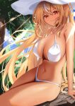  1girl absurdres bikini blonde_hair blue_sky blush breasts cloud day hat highres hololive huge_breasts long_hair looking_at_viewer outdoors palm_tree pointy_ears red_eyes shiranui_flare sitting sky smile solo sunlight swimsuit thighs tree very_long_hair white_headwear zorome_apu 