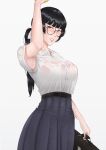 1girl absurdres arm_up armpits bag bangs belt black_hair blush bra_visible_through_clothes breasts buttons collared_shirt cut_bangs dawid33 glasses grey_eyes hair_ribbon highres holding holding_bag hot lips looking_at_viewer medium_breasts mole mole_under_eye mole_under_mouth original parted_lips ponytail presenting_armpit ribbon see-through shirt short_sleeves simple_background skirt smelling stained_clothes sweat sweaty_clothes upper_body wet wet_clothes wet_shirt white_background white_shirt 