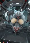  3d_background absurd_res anthro assembly_line blue_body blue_fur canid canine censor_bar censored cervix cybernetic_face cybernetic_jaw cybernetics cyborg fangs female fur hair hi_res ineffective_censorship inner_ear_fluff machine mammal nekoforest pupils slit_pupils solo tongue tongue_out tuft white_hair 