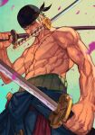  1boy abs bandana bare_pectorals clothes_around_waist dual_wielding falling_petals green_hair holding holding_sword holding_weapon hungry_clicker katana male_focus mouth_hold multiple_scars muscular muscular_male one_eye_closed one_piece pants pectorals petals roronoa_zoro scar scar_across_eye scar_on_chest shirt shirt_around_waist short_hair solo sword topless_male triple_wielding weapon 
