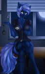  absurd_res anxiety-chan blue_body blue_fur blue_hair breasts cleavage clothed clothing crossed_legs cuff_(restraint) dark_straw earth_pony equid equine fan_character full_moon fur hair hand_on_breast handcuffs hasbro hi_res horse hybrid legwear mammal metal_cuffs moon my_little_pony night police_uniform pony restraints smile solo star stockings stripes uniform yellow_eyes zebra 