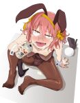  1girl animal_ears beer_can can drunk fake_animal_ears flat_chest glasses high_heels highres holding holding_can kobayashi-san_chi_no_maidragon kobayashi_(maidragon) looking_up lower_teeth medium_hair motokazu_(dontokodon) on_floor open_mouth playboy_bunny rabbit_ears red_hair shoes shoes_removed simple_background sitting solo sweat teeth tongue white_background yellow_eyes 