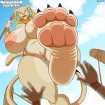  abebi_(zp92) absurd_res anthro barefoot bound breasts ear_piercing ear_ring feet felid foot_focus genitals hi_res lion mammal melee_weapon nipples pantherine pawpads piercing polearm pussy ring_piercing soles spear toes weapon zp92 