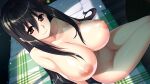  black_hair blurry bokeh breasts brown_eyes censored completely_nude depth_of_field feet_out_of_frame from_above game_(=eroge)_mitai_na_suteki_na_koi_ga_shitai! game_cg hair_between_eyes highres huge_breasts ino_(magloid) long_hair looking_at_viewer mosaic_censoring navel nipples nude official_art on_bed photoshop_(medium) pussy shiny shiny_skin sitting smile takamiya_tsuzuri 