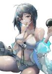  1girl absurdres ahoge arknights bangs bare_shoulders bikini blue_eyes blue_jacket blush breasts cleavage commentary grey_hair hand_up head_tilt highres holding jacket la_pluma_(arknights) la_pluma_(summer_flowers)_(arknights) large_breasts liuyun_baihua long_sleeves looking_at_viewer megaphone mouth_hold navel off_shoulder open_clothes open_jacket short_hair simple_background sitting solo stomach swimsuit thighs white_background white_bikini 