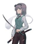  1girl black_hairband black_necktie black_pants black_ribbon blood bow_hairband closed_mouth collared_shirt cowboy_shot cuts fingernails frown green_eyes grey_hair hair_ribbon hairband highres holding holding_sheath holding_sword holding_weapon injury konpaku_youmu konpaku_youmu_(ghost) long_sleeves looking_at_viewer max-k necktie pants ribbon sheath shirt short_hair simple_background sketch solo sweatpants sword torn_clothes touhou v-shaped_eyebrows weapon white_background white_shirt 