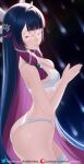  1girl ass bangs bare_shoulders blue_hair blunt_bangs bra breasts cleavage closed_eyes colored_inner_hair columbina_(genshin_impact) commentary_request cowboy_shot genshin_impact helloimtea highres long_hair medium_breasts multicolored_hair own_hands_together panties purple_hair smile solo standing underwear underwear_only very_long_hair white_bra white_panties 