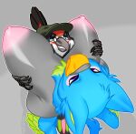  2016 anthro anthro_on_anthro areola avian between_breasts big_breasts bird blue_body blue_fur breast_grab breast_squish breasts ch40t1c clothing digital_media_(artwork) duo eyewear female fur glasses grey_body gryphon hand_on_breast hat headgear headwear high-angle_view holding_breast looking_pleasured male male/female mythological_avian mythology nipples nude pink_nipples shaded simple_background smile squish wings 