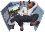  2022 aggressive_retsuko anthro blush bottomwear brown_body brown_fur calendar clothing coffee_cup computer container cup fur furniture green_eyes haida hi_res husdingo hyaenid keyboard looking_at_viewer lying male mammal monitor mousepad necktie on_back on_table pants paws red_necktie sanrio solo spots spotted_body spotted_fur spotted_hyena table 