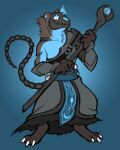  absurd_res anthro armor belly blue_belly blue_fire bone bone_tail brown_body brown_fur clothing colored_fire fantasy fetishame fire fur hi_res holding_object holding_staff lich lunarus_the_lich lutrine magic male mammal mustelid robe skeletal skull skull_head solo staff undead 