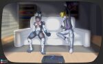  absurd_res anthro canid canine clothing console controller draik duo fox fur furniture gaming hair hi_res holding_controller holding_object machine male mammal playing_videogame protogen simple_background sitting sofa 