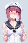  1girl blush breasts hat highres kantai_collection medium_breasts mizuumi_(bb) nipple_tweak nose_blush red_eyes red_hair sailor_hat short_hair solo upper_body white_headwear z3_max_schultz_(kancolle) 