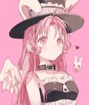  1girl ahoge animal_ears bangs blush collar ears_through_headwear feathered_wings frilled_shirt frills full_moon_wo_sagashite hano_luno hat heart highres long_hair meroko_yui meroko_yui_(bunny) parted_bangs pink_eyes pink_hair rabbit_ears shirt strapless strapless_shirt top_hat wings zipper_pull_tab 