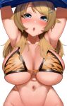  1girl absurdres animal_print apple_(ygbhjdbiulsg) armpits arms_up aroused bangs blonde_hair blue_eyes blush bra breasts cleavage hachimiya_meguru highres huge_breasts idolmaster idolmaster_shiny_colors large_breasts looking_at_viewer messy_hair navel no_panties open_mouth out-of-frame_censoring sidelocks simple_background sweat tiger_print tiger_stripes underwear undressing upper_body white_background 