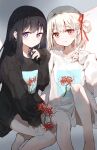  2girls absurdres bangs bare_legs black_hair black_shirt blonde_hair blush closed_mouth collarbone commentary_request earrings flower hair_ribbon hand_on_own_chest highres inoue_takina jewelry long_hair long_sleeves looking_at_viewer lycoris_recoil multiple_girls nishikigi_chisato purple_eyes red_eyes red_ribbon ribbon sentter shirt short_hair sitting sleeves_past_wrists smile spider_lily white_shirt yuri 