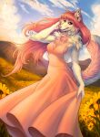  anthro blue_sky breasts canid canine chest_tuft clothing cloud dress ears_up female flower hair hi_res humanoid_fingers humanoid_hands light long_hair looking_at_viewer mammal open_mouth plant rainbowfoxy raised_tail sky solo sun sunflower sunlight tuft 