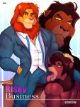  2022 absurd_res anthro anthrofied brown_body brown_fur clothed clothing comic disney english_text fur green_eyes hi_res looking_at_viewer male muscular muscular_male red_eyes scar_(the_lion_king) simba text the_lion_king tongue tongue_out yellow_body yellow_fur zourik 