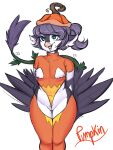  anthro avian beak bird birddi blue_eyes clothing costume digital_media_(artwork) feathers female food fruit glacierclear grey_body grey_feathers hair hi_res looking_at_viewer pinup plant pose pumpkin simple_background solo tail_tuft tuft white_body white_feathers wings 
