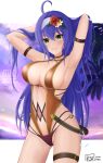  1girl ahoge armpits arms_behind_head arms_up bikini black_bikini blue_hair breasts center_opening cleavage covered_navel dated fire_emblem fire_emblem:_radiant_dawn green_eyes grin groin hair_lift hairband hands_in_hair highres holding holding_hair large_breasts layered_bikini layered_swimsuit long_hair looking_at_viewer mia_(fire_emblem) o-ring o-ring_bikini orange_swimsuit ryuusaki_rei signature smile solo swimsuit thigh_strap very_long_hair white_hairband 