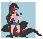  anthro belt bodily_fluids bottomwear breasts claws claws_out cleavage clothed clothing dewclaw digital_drawing_(artwork) digital_media_(artwork) dinosaur dromaeosaurid drooling duo female female_on_anthro feral footwear hotpants human human_on_anthro humanoid indoraptor interspecies licking male male/female mammal mid_transformation narusewolf open_mouth paws reptile roaring saliva scales scalie scared sequence shoes shorts spikes spikes_(anatomy) surprise surprised_expression theropod tongue tongue_out topwear torn_clothing trainer transformation transformation_sequence 