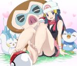  1girl arm_support bare_legs barefoot beanie black_shirt black_shorts blue_eyes blue_hair blurry blurry_foreground blush breasts commentary_request dawn_(pokemon) feet foot_hold foreshortening hair_ornament hairclip hat head_tilt highres knees_up legs long_hair looking_at_viewer mamoswine multiple_others open_mouth pachirisu pink_skirt piplup poke_ball_print pokemon pokemon_(anime) pokemon_(creature) pokemon_dppt_(anime) poketch rauto red_scarf scarf shiny shiny_hair shirt shorts shorts_under_skirt sidelocks sitting skirt sleeveless sleeveless_shirt small_breasts soles thighs toes watch white_background white_headwear wristwatch 