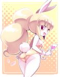 1girl animal_ears ass bare_shoulders blonde_hair breasts card from_behind leotard long_hair looking_back nollety open_mouth original playboy_bunny playing_card ponytail rabbit_ears rabbit_girl rabbit_tail red_eyes sideboob small_breasts smile solo strapless strapless_leotard tail thighs wrist_cuffs yellow_leotard 