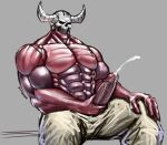  abs absurd_res biceps big_muscles big_penis bodily_fluids bone bottomwear clothing cum cum_on_hand cumshot demon ejaculation erect_nipples genital_fluids genitals hi_res huge_muscles humanoid male masturbation muscular muscular_male nipples pants pecs penis rottinferno skull skull_head solo subject_67_(helltaker) void_eyes 