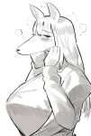  big_breasts blush bodily_fluids breasts canid canine canis clothing domestic_dog female hair hunting_dog kemofujin kemofujin_(comic) long_hair looking_at_viewer mammal nervous paws side_view smile solo sweat tagme youhei_64d 