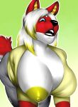  2016 anthro bent_over big_breasts big_nipples blonde_highlights blue_eyes breasts canid canine canis ch40t1c clothed clothing digital_media_(artwork) digital_painting_(artwork) female hair highlights_(coloring) looking_down mammal nipple_slip nipples partially_clothed red_body shaded solo solo_focus surprised_expression white_hair wolf yellow_nipples 