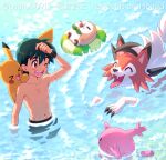  1boy ;d ash_ketchum bangs bracelet brown_eyes collarbone commentary corsola day green_hair hand_up highres innertube jewelry lycanroc lycanroc_(dusk) male_focus male_swimwear navel ok_(asuta00912) one_eye_closed open_mouth outdoors pikachu pokemon pokemon_(anime) pokemon_(creature) pokemon_sm_(anime) rowlet short_hair smile teeth tongue topless_male twitter_username wading water watermark z-ring 