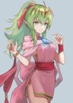  1girl absurdres blue_background dragonstone dress fire_emblem fire_emblem:_mystery_of_the_emblem fire_emblem_awakening fire_emblem_heroes green_eyes green_hair highres jewelry kaerukeroro1 long_hair looking_at_viewer necklace official_alternate_costume pink_dress pointy_ears ponytail pppepetps short_dress side_slit simple_background sleeveless sleeveless_dress smile solo stone tiara tiki_(fire_emblem) 