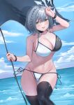  1girl bangs bare_arms bare_shoulders bikini black_thighhighs blush braid breasts cleavage commentary_request flag grey_hair highres hololive large_breasts looking_at_viewer ocean outdoors parted_lips shirogane_noel short_hair shougun_(chuckni1) smile solo swimsuit thighhighs thighs two-tone_bikini virtual_youtuber water 