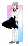  1girl aoi_hana braid full_body greyscale highres kamo_kamen kneehighs low_twin_braids medium_skirt monochrome school_uniform serafuku skirt socks solo twin_braids ueda_ryouko 