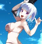  1girl :d arm_up bangs bikini blue_hair blue_sky breasts brown_bikini character_request cloud commentary_request day gun hand_up holding holding_gun holding_weapon looking_at_viewer looking_back medium_breasts nail_polish object_namesake outdoors pink_nails plaid plaid_bikini purple_eyes sky smile solo swimsuit teeth tennouji_kitsune upotte!! upper_teeth weapon weapon_request 