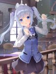  1girl :o absurdres alternate_hairstyle bangs blue_bow blue_eyes blue_hair blue_vest blush bow buttons chair cowboy_shot floating_hair from_side gochuumon_wa_usagi_desu_ka? hair_ornament hair_ribbon hands_up highres indoors kafuu_chino light_blue_hair long_hair looking_at_viewer nekopurin_(nyanko_prin) rabbit_house_uniform railing ribbon seams shirt short_sleeves simple_background skirt smile solo sparkle table twintails vest white_shirt window x_hair_ornament 