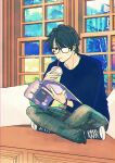  1boy black-framed_eyewear black_hair brown_eyes crossed_legs cup disposable_cup drinking_straw highres indoors magazine_(object) male_focus original pillow shoes sitting sneakers solo ueno_haruki watch window wristwatch 