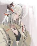  1girl absurdres arknights black_bra bra breasts brown_jacket cigarette dragon_girl dragon_horns earclip fire grey_hair highres holding holding_lighter horns jacket joshua_(shisanli934) lighter lighting_cigarette long_hair mouth_hold open_clothes open_jacket orange_eyes orange_nails saria_(arknights) simple_background small_breasts solo underwear upper_body white_background 