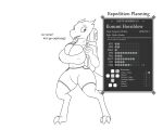  2022 absurd_res anthro backpack bedroom big_breasts bottomwear bra breast_squish breasts character_name claws clothing digital_drawing_(artwork) digital_media_(artwork) digitigrade english_text female gameplay_mechanics gym_bottomwear gym_clothing gym_shorts hi_res holding_object keinga kobold kommi_hornblow line_art looking_away meter navel nipple_outline open_mouth restricted_palette scalie shorts solo squish text thick_thighs toe_claws underwear user_interface 