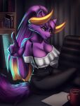  bottomwear breasts canid canine canis clothed clothing costume demonic female fur furniture hi_res horn hybrid looking_at_viewer mammal mon mononi office pants purple_body purple_fur shirt smile solo topwear wolf yellow_eyes 